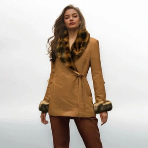 Paradox Penny Lane Leather Lined Coat W/Detachable Faux Fur Collars Cuffs  Sz 12